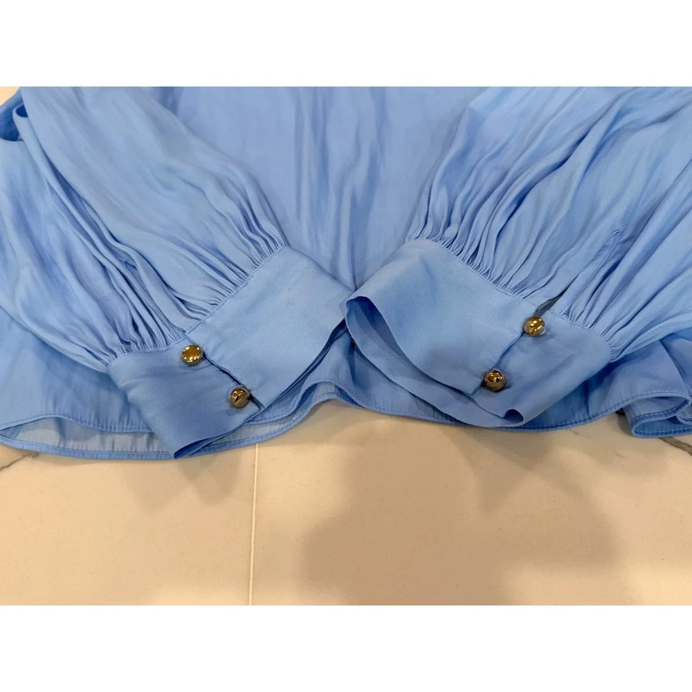 Lilly Pulitzer Light Blue Satin Puff Sleeve Blouse Gold Button Cuffs Small‎